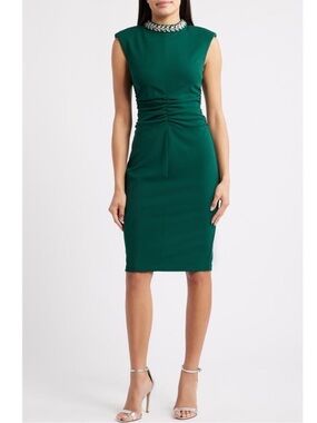 Eliza J Women’s Rouched Bodycon Sleeveless Green Jewel-Neck Sheath Dress Sz6 NWT